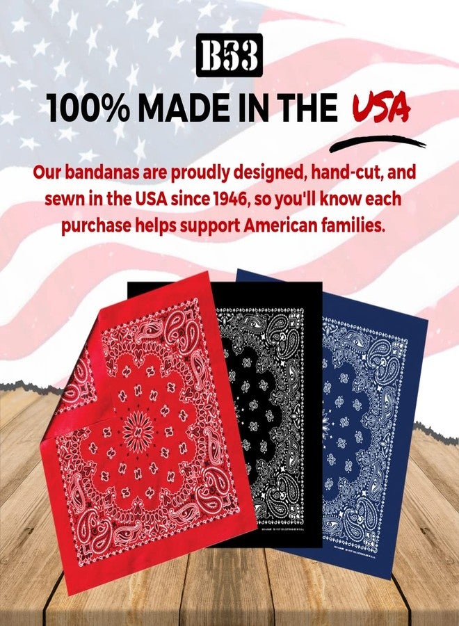 B53 100% Cotton Bandanas Made in the USA - Stylish Headband, Handkerchief, Scarf - 21 inch x 21 inch (Red, Navy, Black (6-pack)) - Image 5